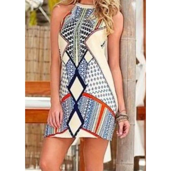 Venus Halter Mini Dress Women’s Small Cream Multicolored Geometric Sleeveless - Picture 14 of 16